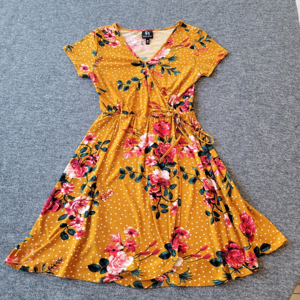 Derek Heart Mustard Yellow Floral Polka Dot Faux Wrap Dress Medium